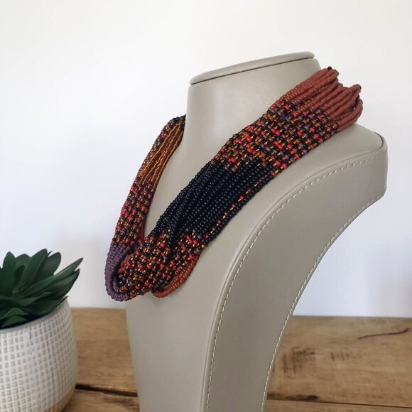 South African Hand Woven Hand Beaded Multistrand Chunky Beaded Twist Necklace - Picture 11 of 12